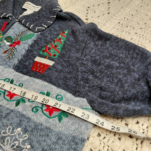 Vtg Heirloom Blue XL Christmas Tree  Beaded Poinsettias Zip Embroidered Sweater - Picture 6 of 10